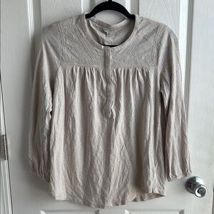 Lucky Brand Tan and Cream 3/4 Sleeve Blouse with Mandarin Collar